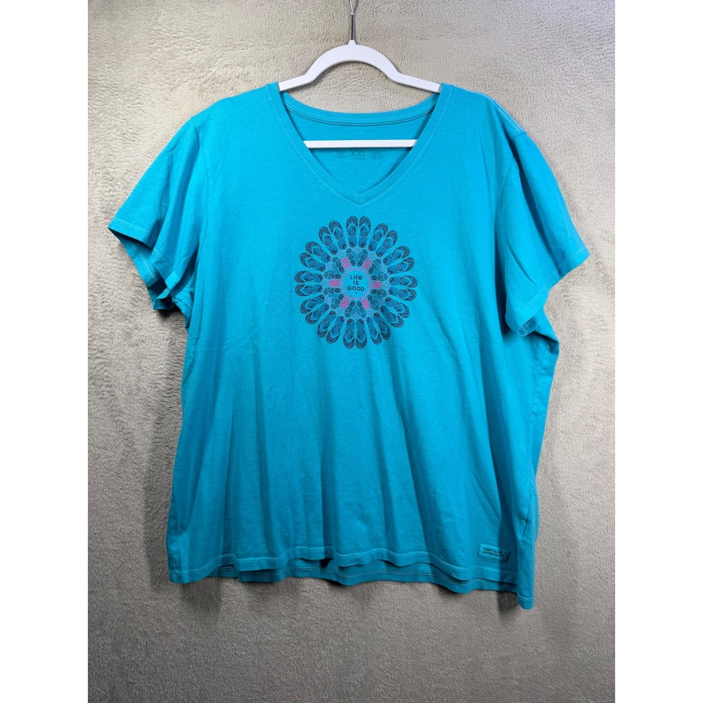 Life is Good Crusher Tee Women XXL Blue Flip Flop Mandala V-Neck Short Sleeve